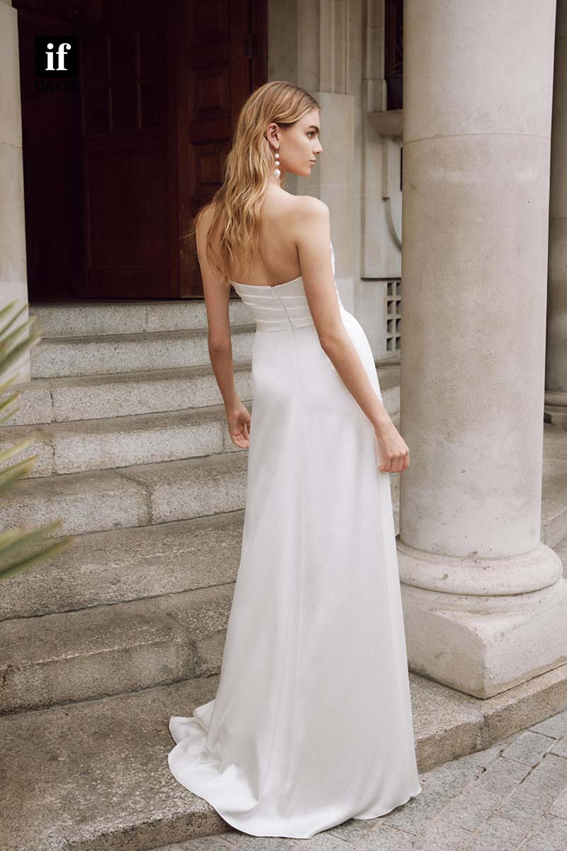 71162 - Classic Off-Shoulder Sweetheart Pleats Beach Wedding Dress With Slit