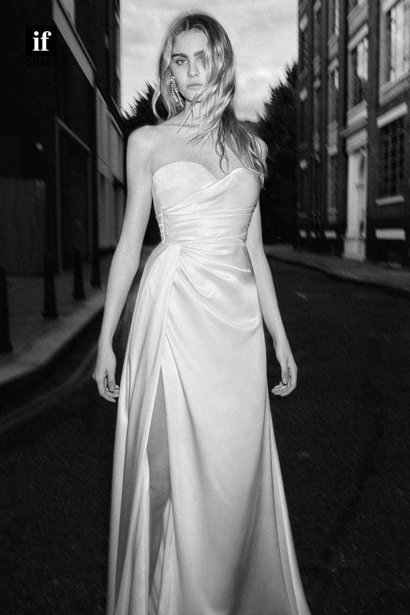 71162 - Classic Off-Shoulder Sweetheart Pleats Beach Wedding Dress With Slit