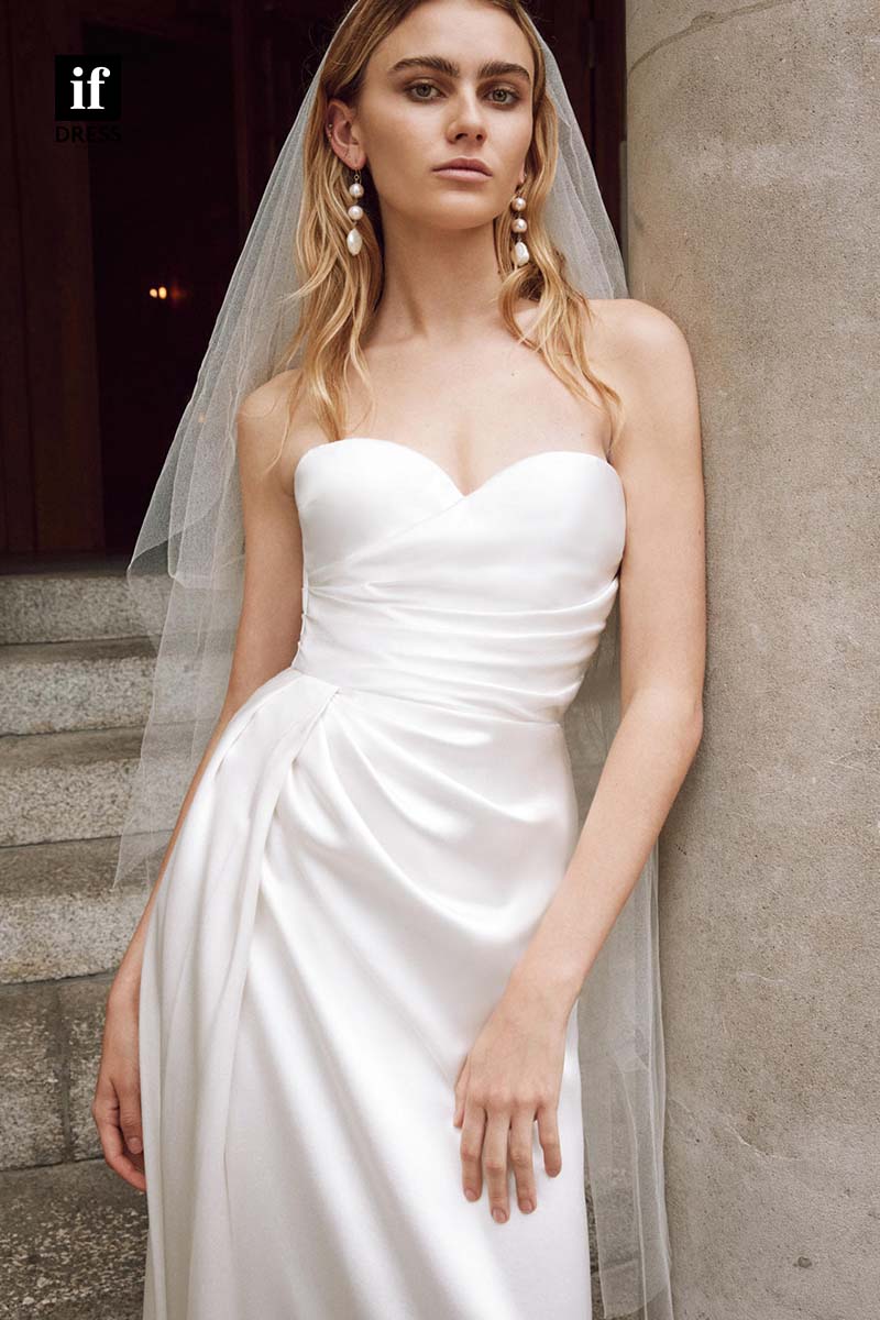 71162 - Classic Off-Shoulder Sweetheart Pleats Beach Wedding Dress With Slit