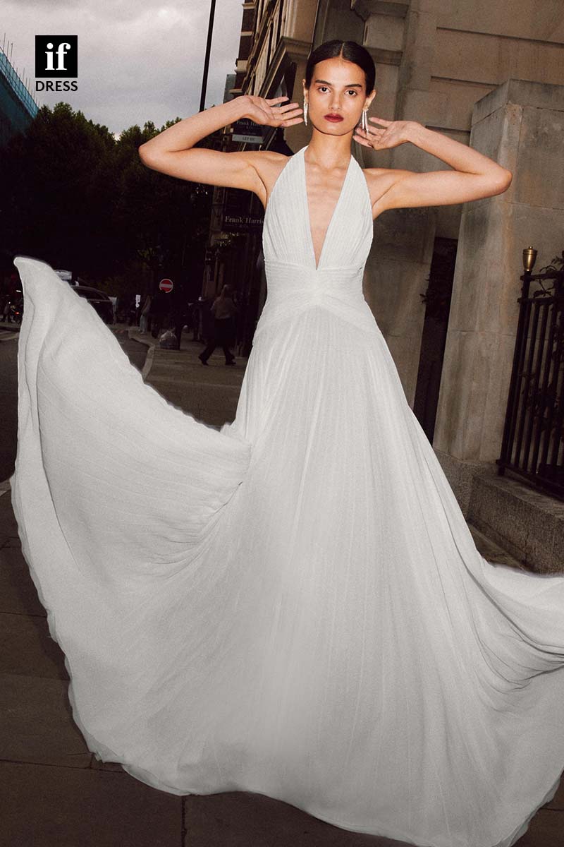 71163 - Sexy Halter V-Neck Ruched A-Line Sleeveless Boho Wedding Dress