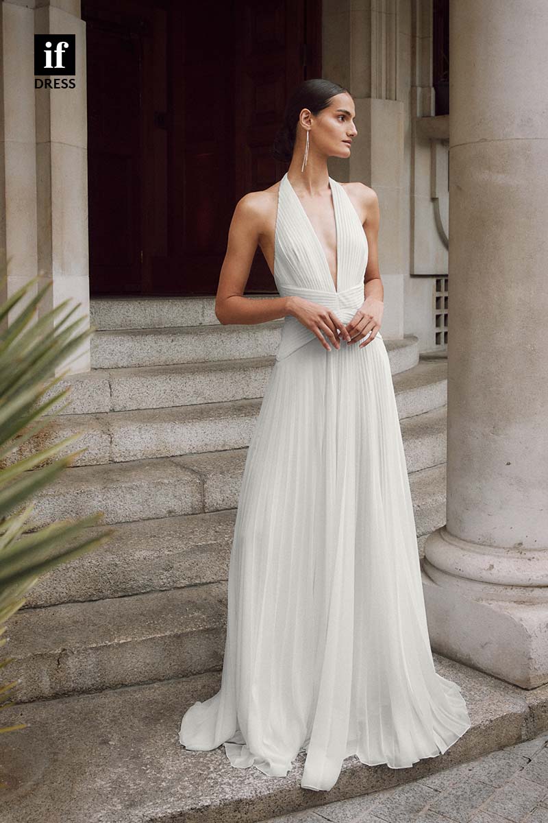 71163 - Sexy Halter V-Neck Ruched A-Line Sleeveless Boho Wedding Dress