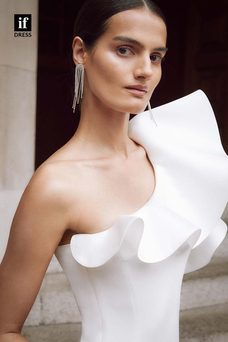 71164 - Unique One Shoulder Side Slit Sheath Ruffles Long Boho Wedding Dress