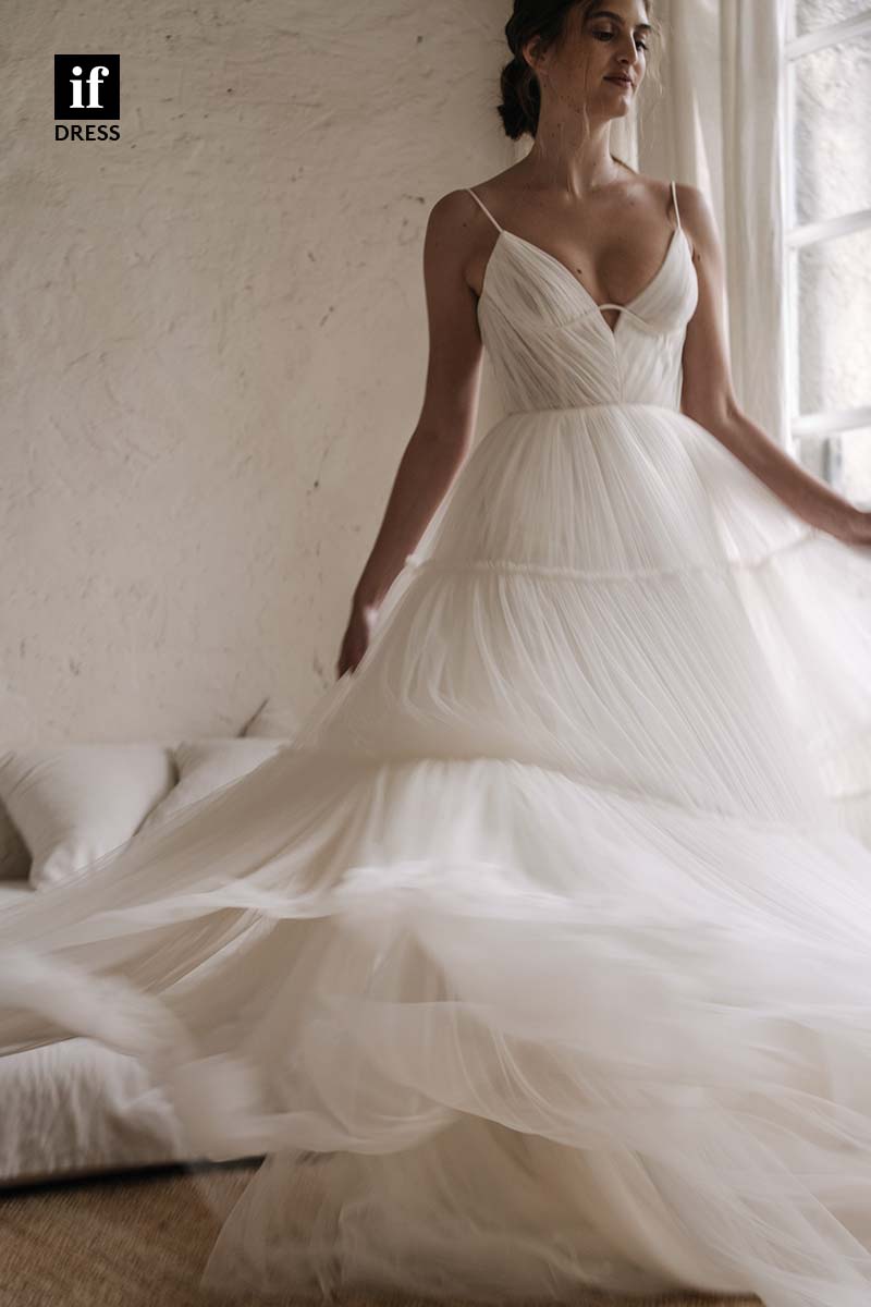 71167 - Spaghetti Straps Low V-Neck A-Line Tulle Beach Wedding Dress