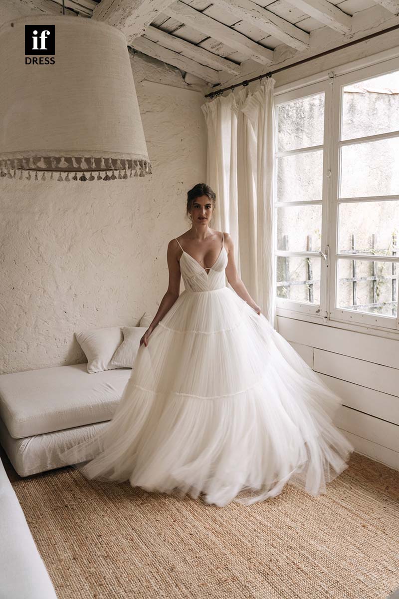 71167 - Spaghetti Straps Low V-Neck A-Line Tulle Beach Wedding Dress