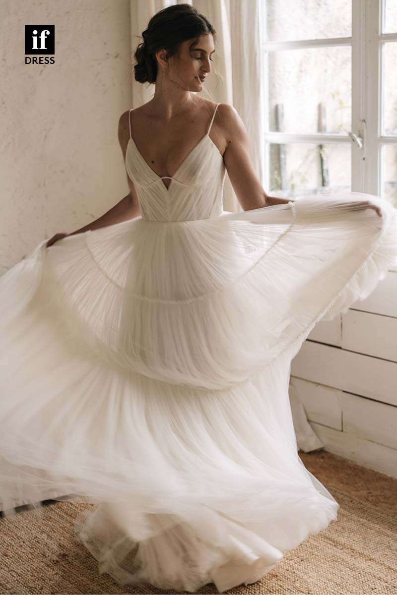 71167 - Spaghetti Straps Low V-Neck A-Line Tulle Beach Wedding Dress