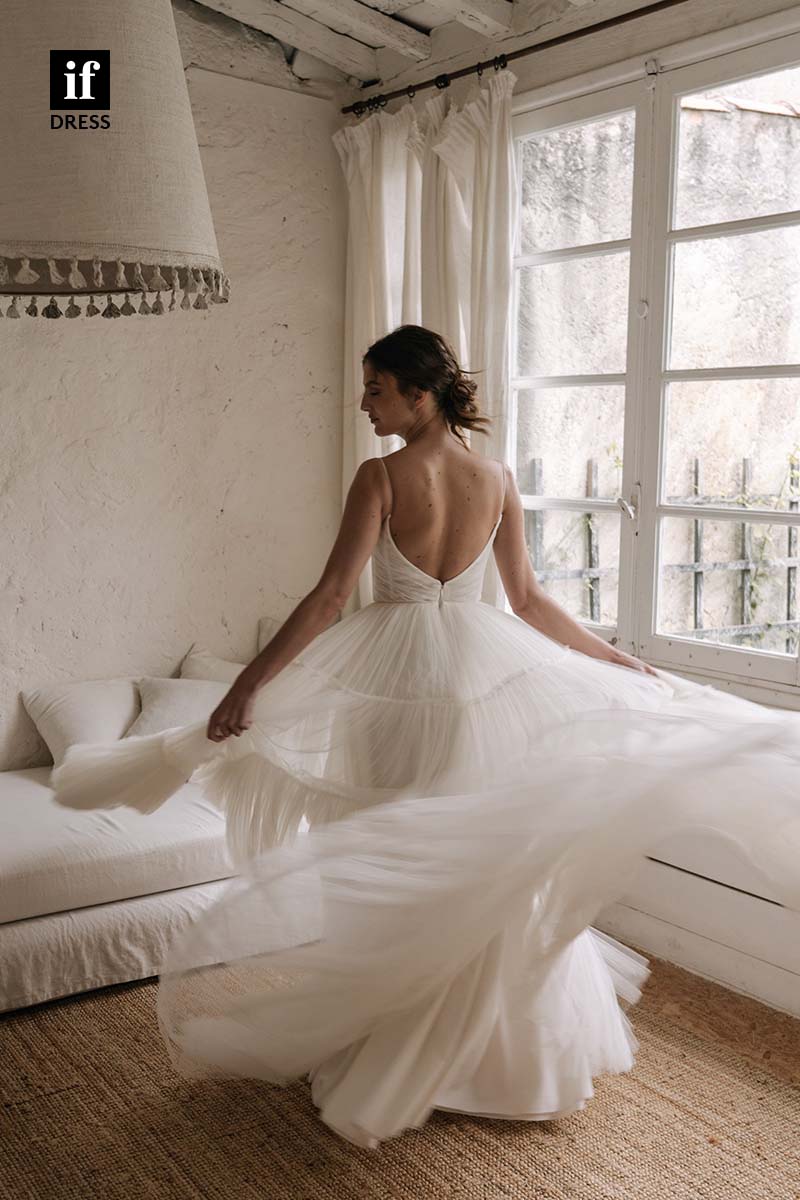 71167 - Spaghetti Straps Low V-Neck A-Line Tulle Beach Wedding Dress