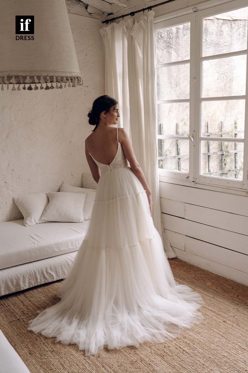 71167 - Spaghetti Straps Low V-Neck A-Line Tulle Beach Wedding Dress