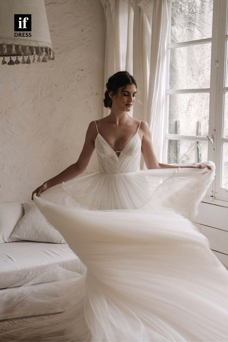 71167 - Spaghetti Straps Low V-Neck A-Line Tulle Beach Wedding Dress