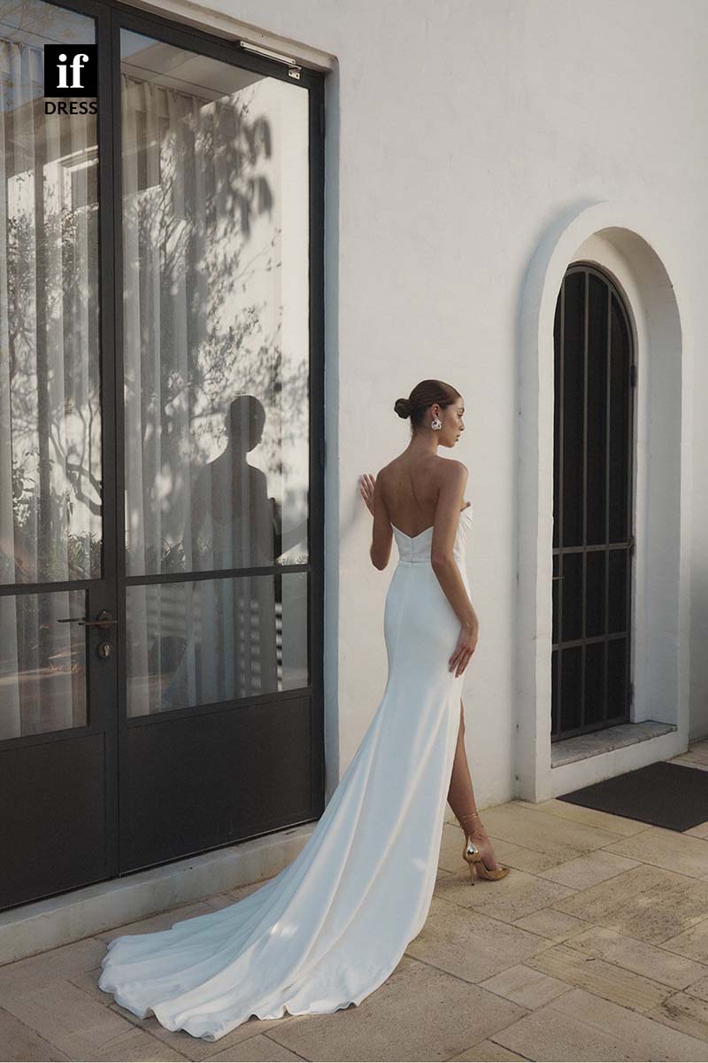 71169 - Classic Strapless Pleats Sleeveless High Slit Beach Wedding Dress