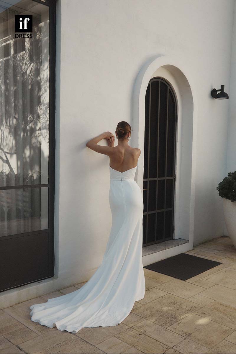 71169 - Classic Strapless Pleats Sleeveless High Slit Beach Wedding Dress