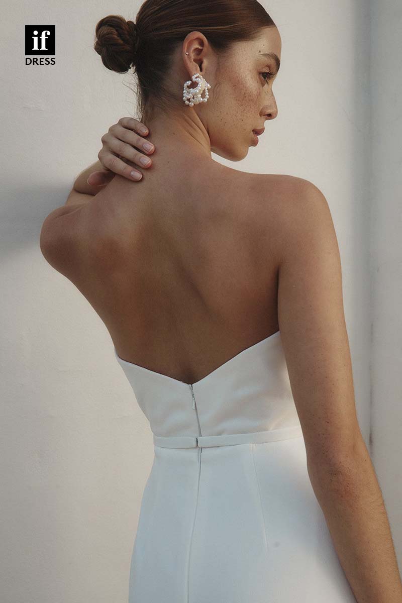 71169 - Classic Strapless Pleats Sleeveless High Slit Beach Wedding Dress