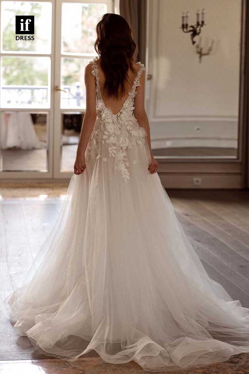 71173 - Roamntic Straps V-Neck Lace Appliques Bohemian Wedding Dress with Slit