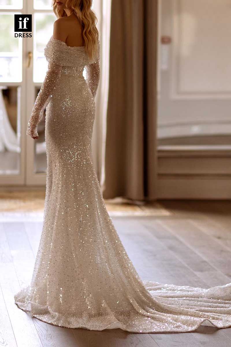 71176 - Classy Off-Shoulder Sequins Mermaid Long Sleeves Beach Wedding Dress