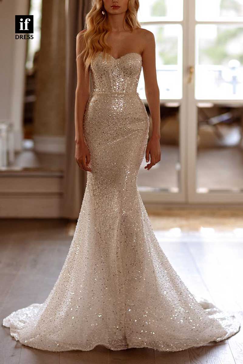 71176 - Classy Off-Shoulder Sequins Mermaid Long Sleeves Beach Wedding Dress