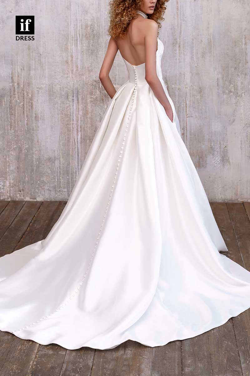 71182 - Simple A-Line Strapless Pleats High Slit Satin Beach Wedding Dress