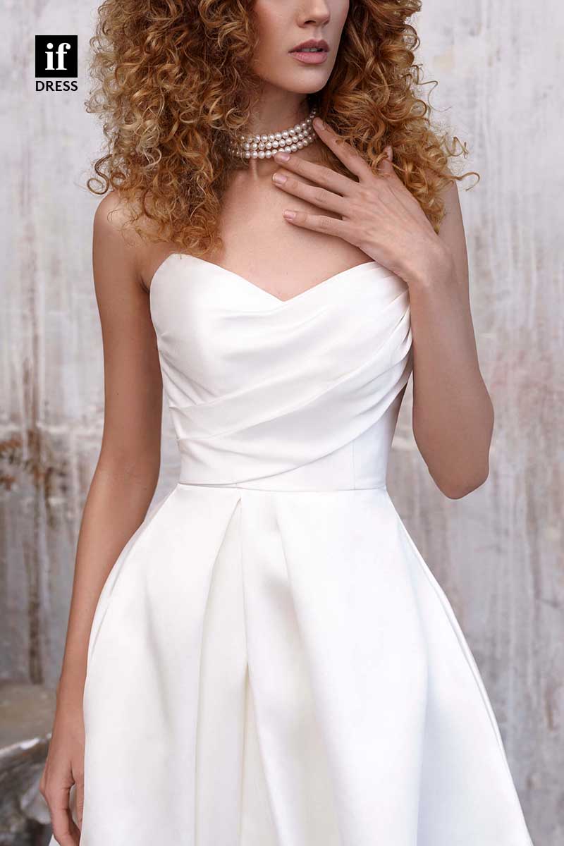 71182 - Simple A-Line Strapless Pleats High Slit Satin Beach Wedding Dress