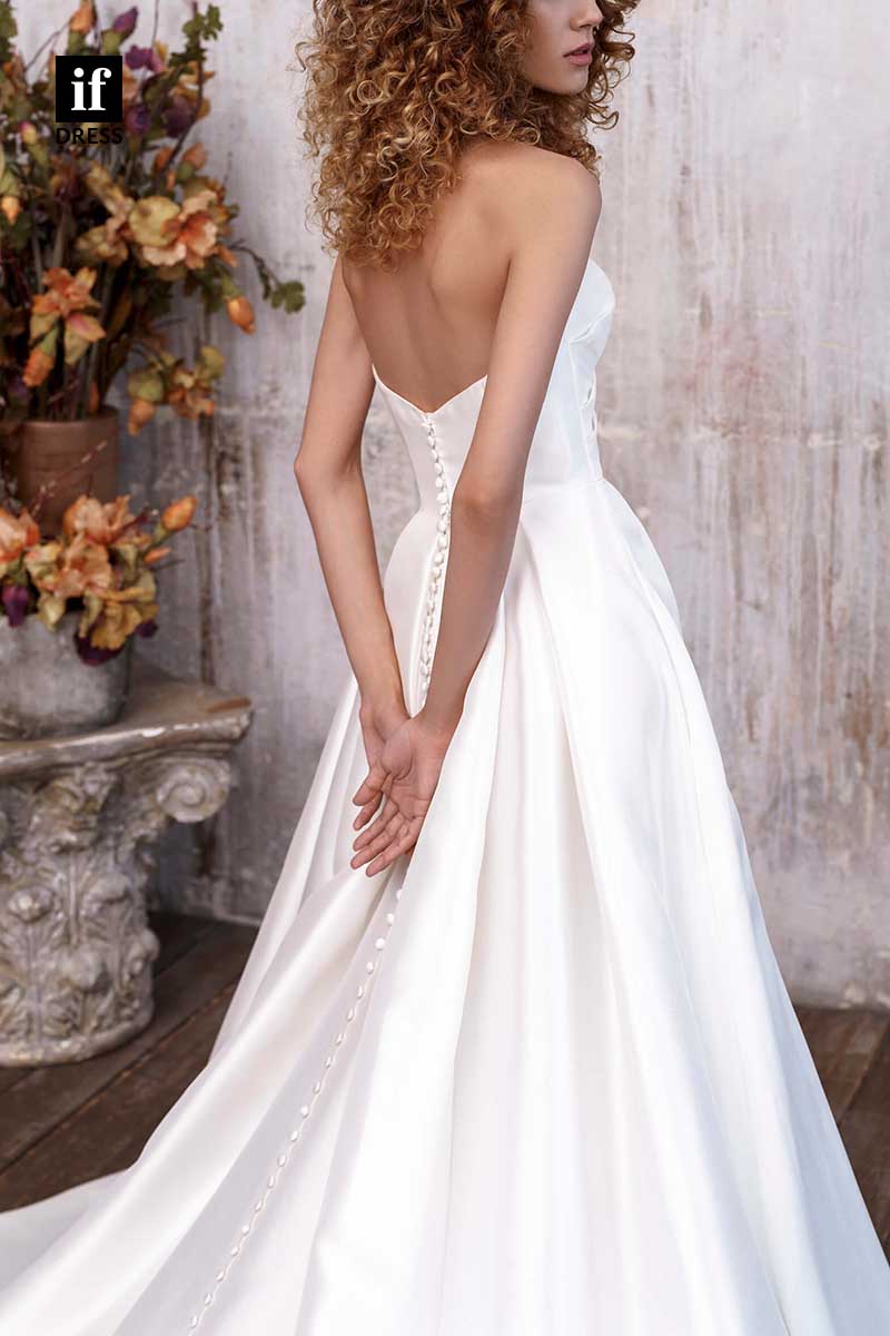 71182 - Simple A-Line Strapless Pleats High Slit Satin Beach Wedding Dress