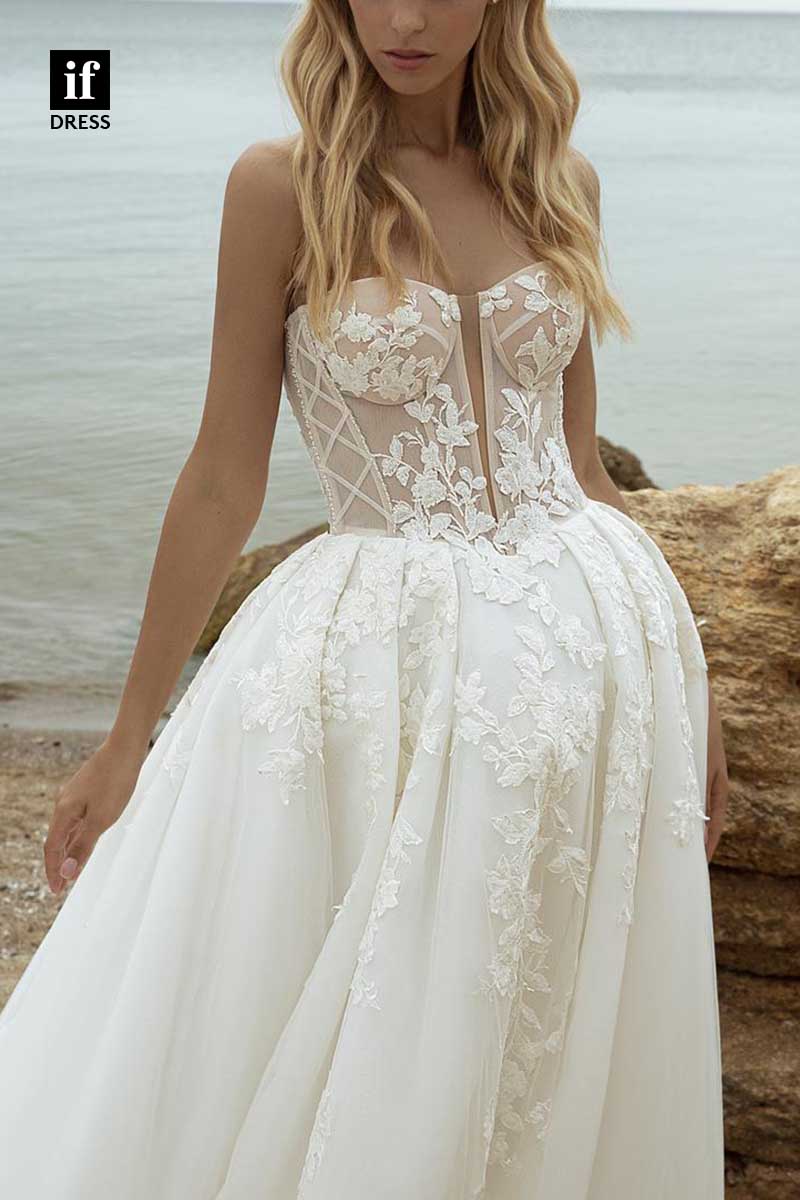71183 - Romantic Strapless A-Line Appliques Sleeveless Tulle Beach Wedding Dress