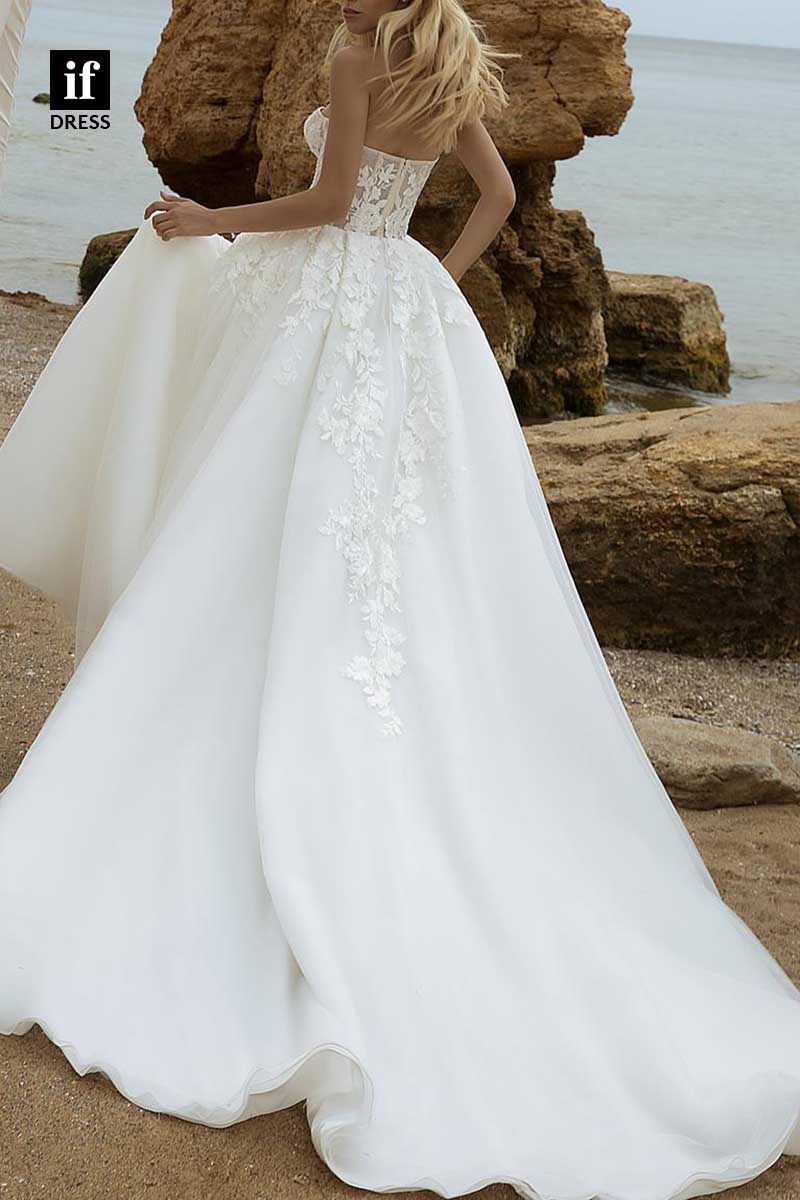 71183 - Romantic Strapless A-Line Appliques Sleeveless Tulle Beach Wedding Dress