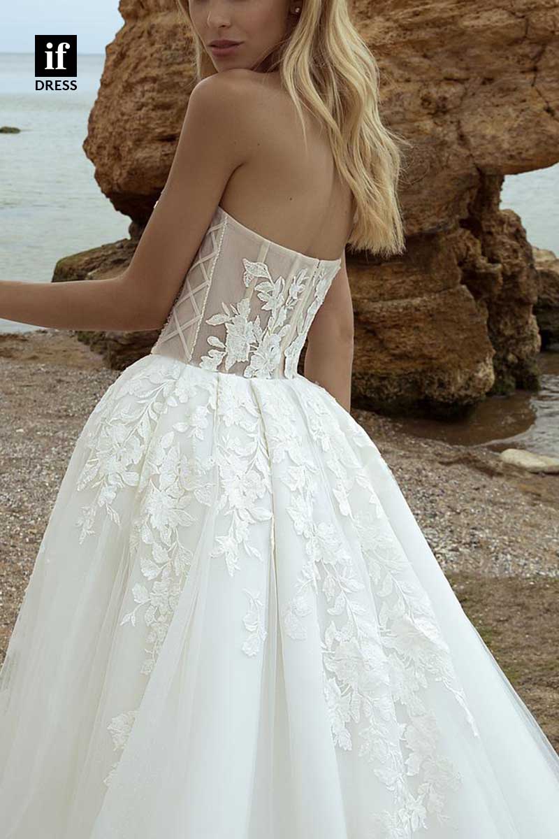 71183 - Romantic Strapless A-Line Appliques Sleeveless Tulle Beach Wedding Dress