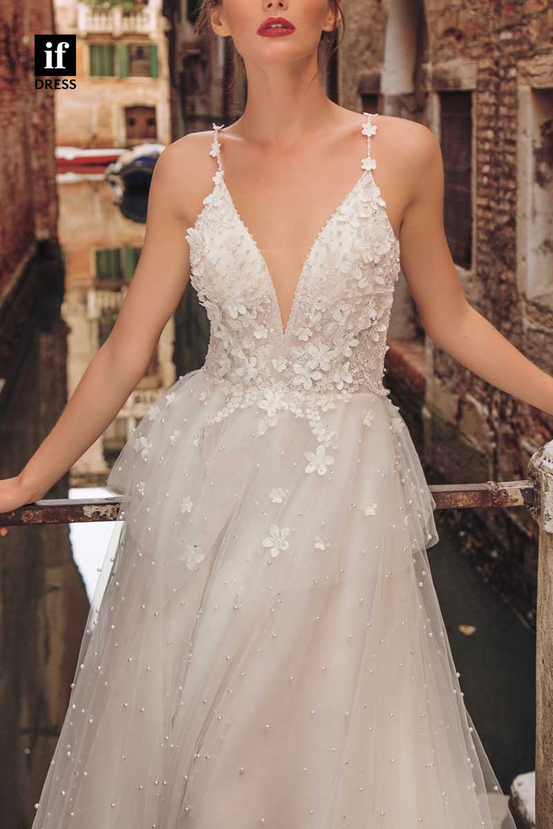 71186 - Spaghetti Straps V-Neck A-Line Beads Appliques Boho Wedding Dress