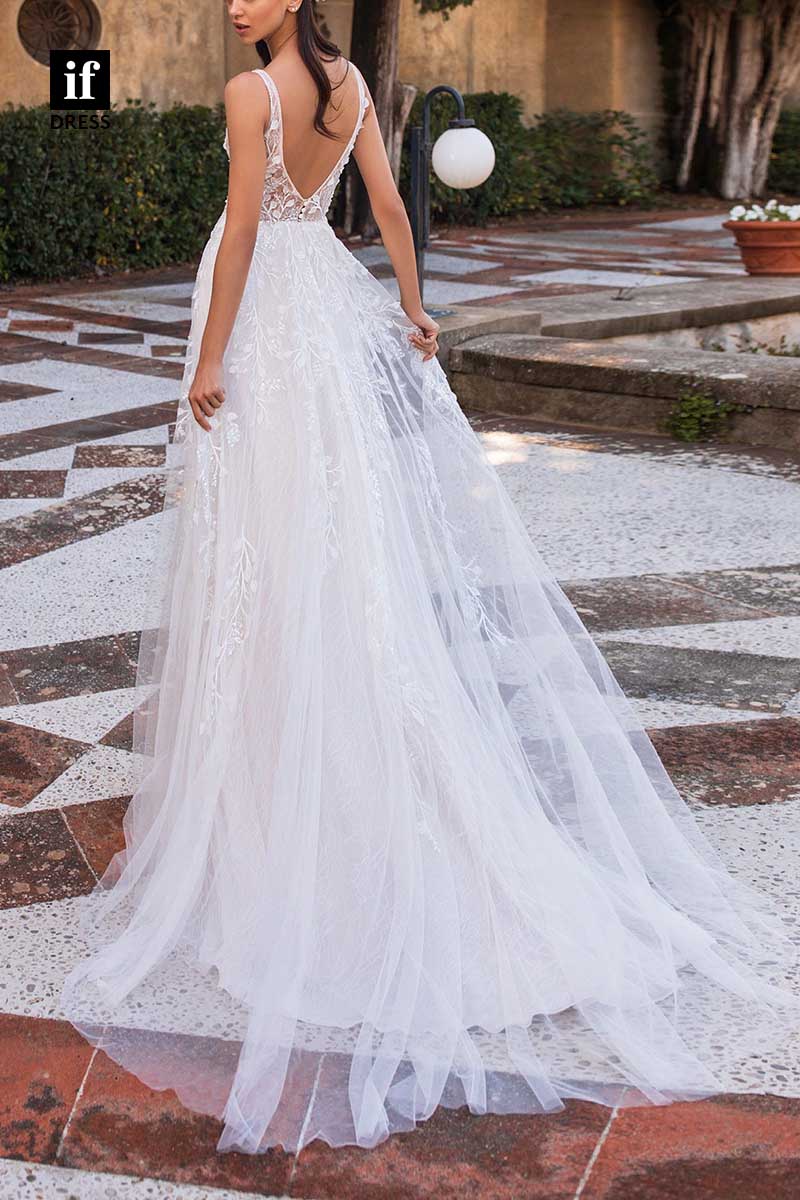 71188 - Vintage Straps V-Neck Lace Appliques Tulle Beach Wedding Dress