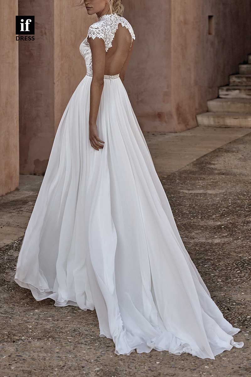 71194 - Romantic High Neck A-Line Top Lace Short Sleeves Beach Wedding Dress