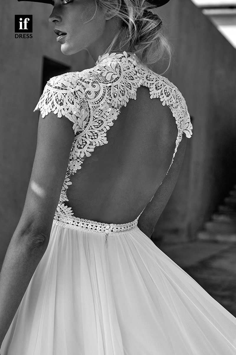 71194 - Romantic High Neck A-Line Top Lace Short Sleeves Beach Wedding Dress