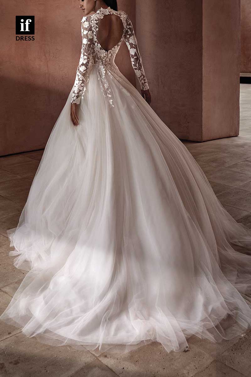 71195 - A-Line High Neck Lace Appliques Bohemian Wedding Dress with Sleeves