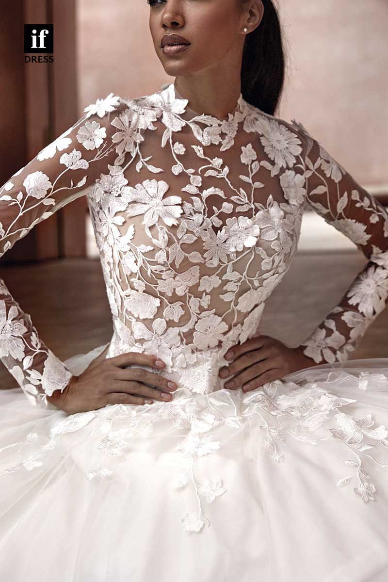 71195 - A-Line High Neck Lace Appliques Bohemian Wedding Dress with Sleeves