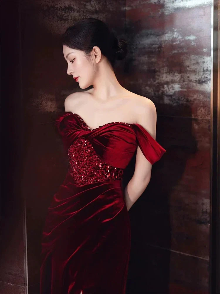 Burgundy Velvet Mermaid Long Prom Dress Off-the-Shoulder Evening Dresses With Slit - View 5 | FashionDia
