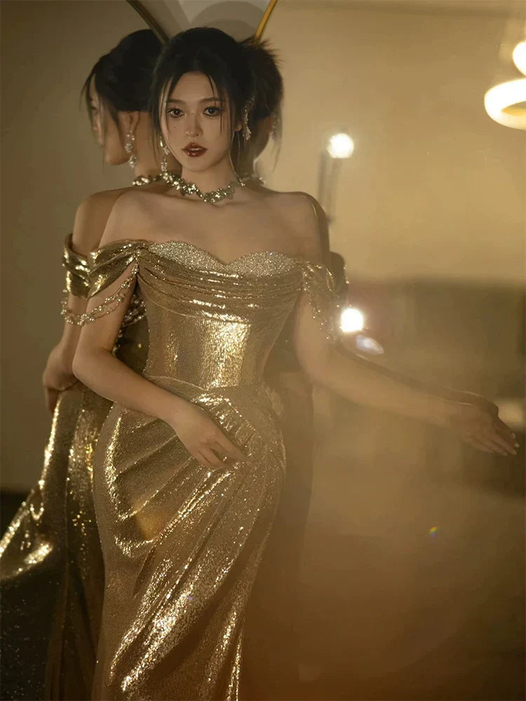 Mermaid Gold Long Prom Dress Sexy Off Shoulder Evening Dresses