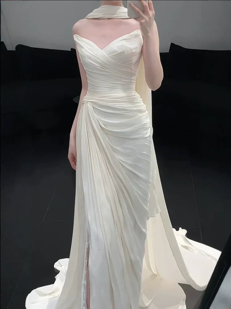 Strapless Pleat Long Wedding Dress Evening Party Dresses - View 5 | FashionDia