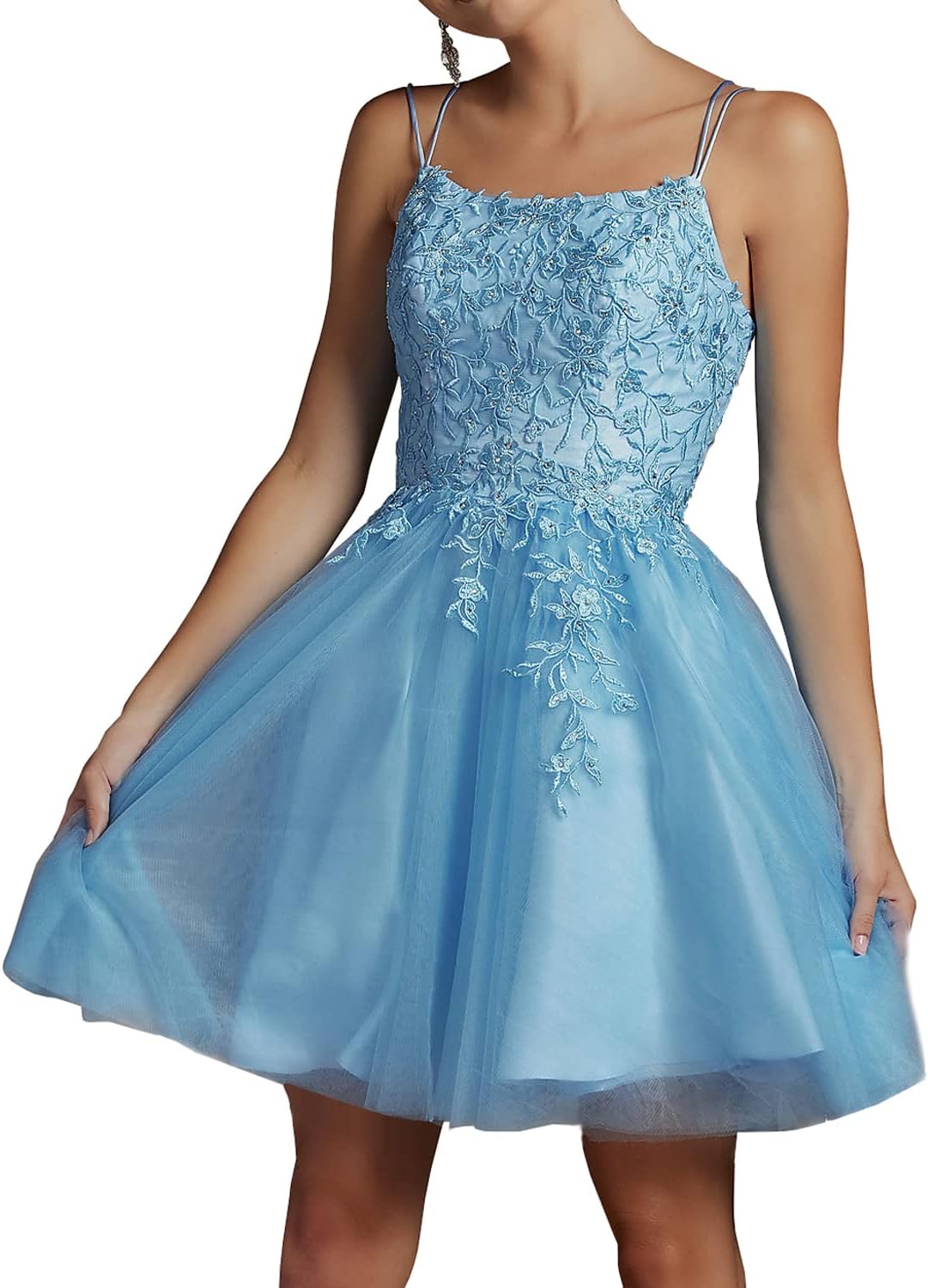 Modest Lace Beaded Tulle Homecoming Dresses Short Square Neck Prom Dress Spaghetti Straps Party Gown