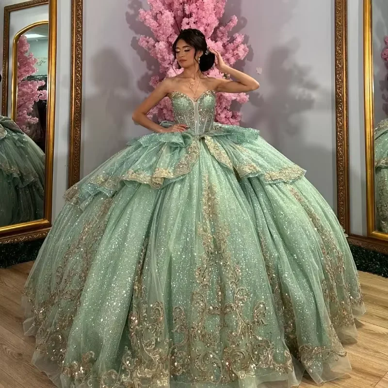 Charming Green Tulle Sequins Gold Appliques Ball Gown,Formal Quinceanera Dress