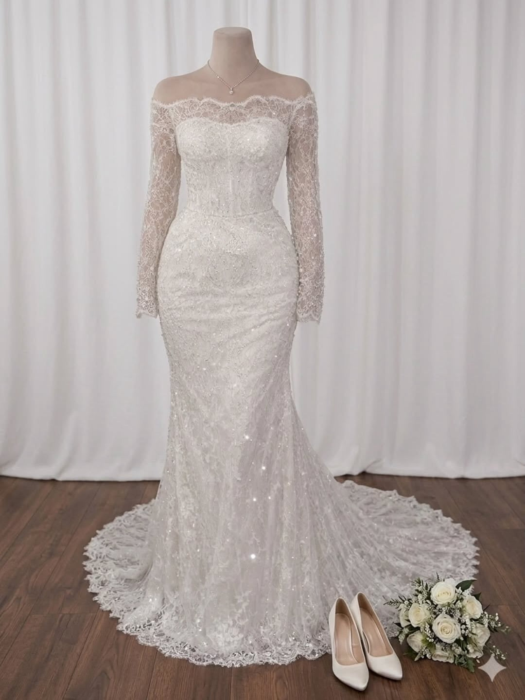 Off-Shoulder Sheer Long Lace Sleeve Sparkly Lace Mermaid Wedding Dress With Scalloped Train