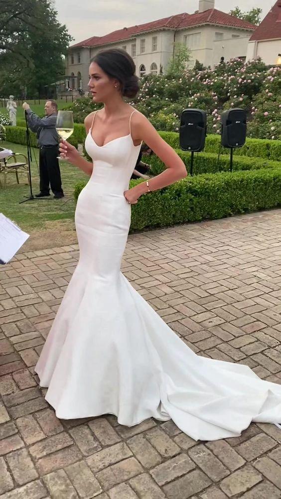 Mermaid Spaghetti Straps Satin Wedding Dress Glamorous White Wedding Dress Y434 by simplepromdress