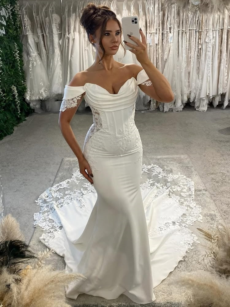 Modern Off-Shoulder Draped Bodice Satin Mermaid Wedding Dress With Lace Chapel Train