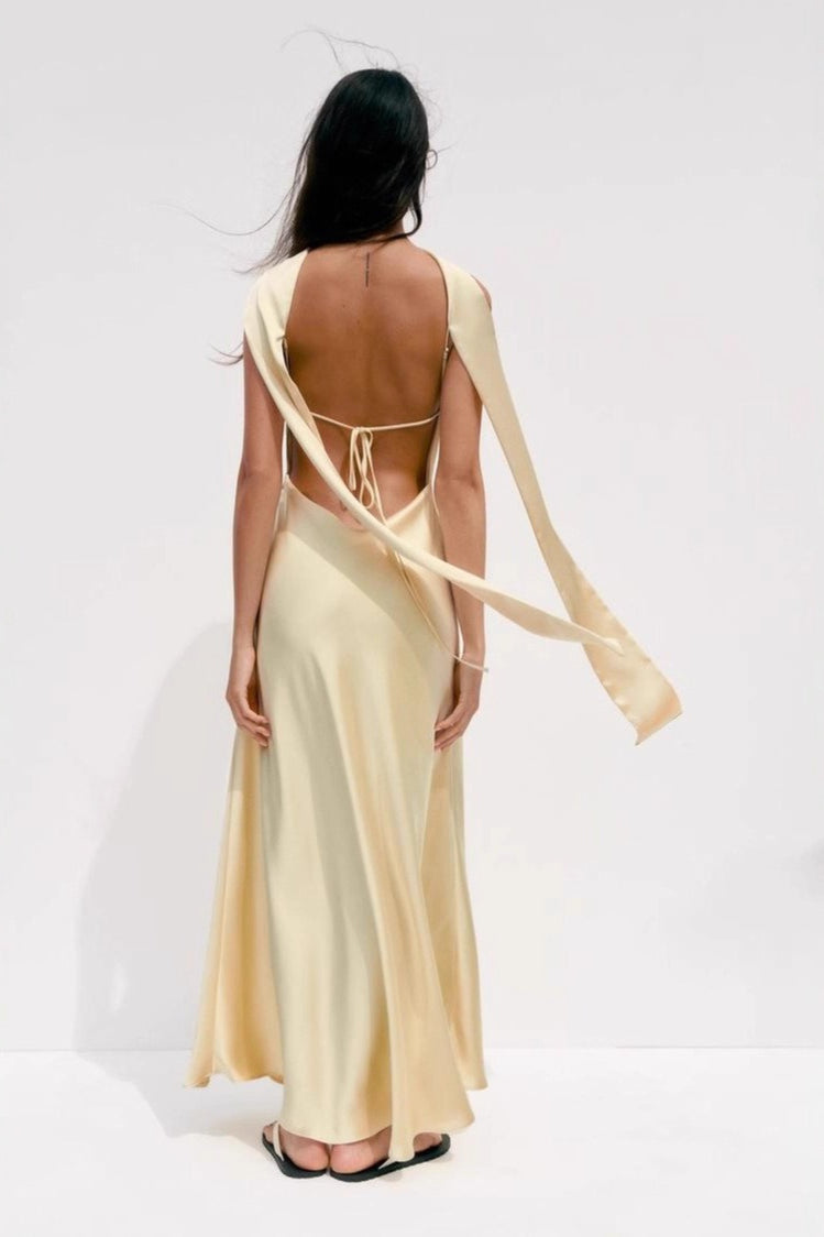 Halter Satin Sash Silk Dress - View 2 | VelvetHem