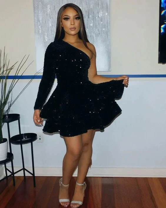 Sparkly Sequin Cocktail Dresses Short A Line One Shoulder African Women Formal Long Sleeve Homecoming Dress Y4048 by simplepromdress