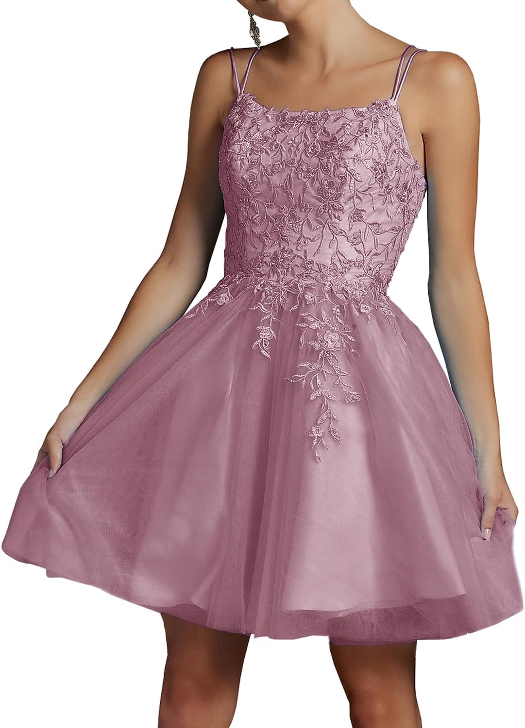 Modest Lace Beaded Tulle Homecoming Dresses Short Square Neck Prom Dress Spaghetti Straps Party Gown