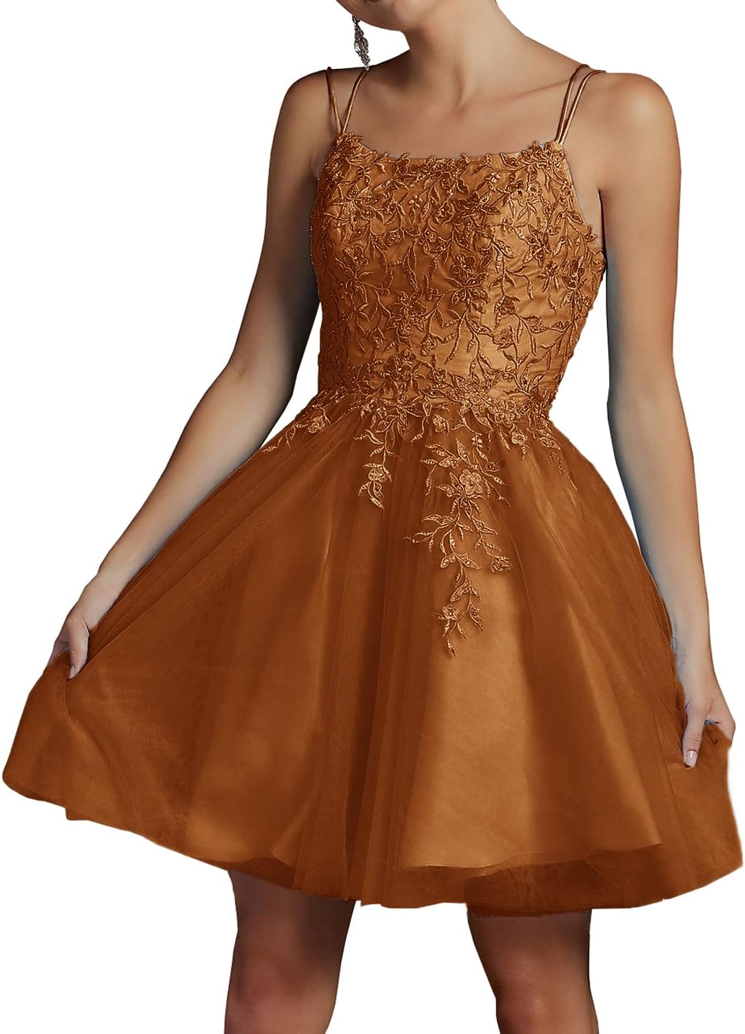 Modest Lace Beaded Tulle Homecoming Dresses Short Square Neck Prom Dress Spaghetti Straps Party Gown - View 11 | VelvetHem