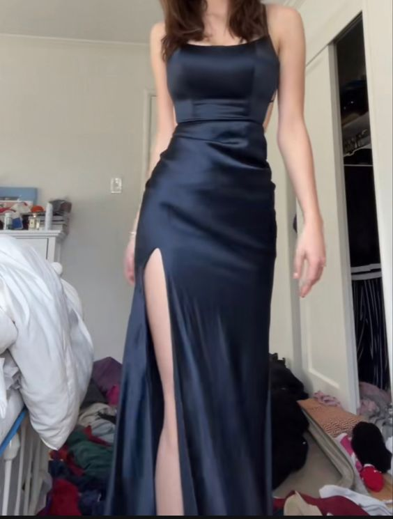 Simple Black Prom Dress With Slit,Senior Prom Gown