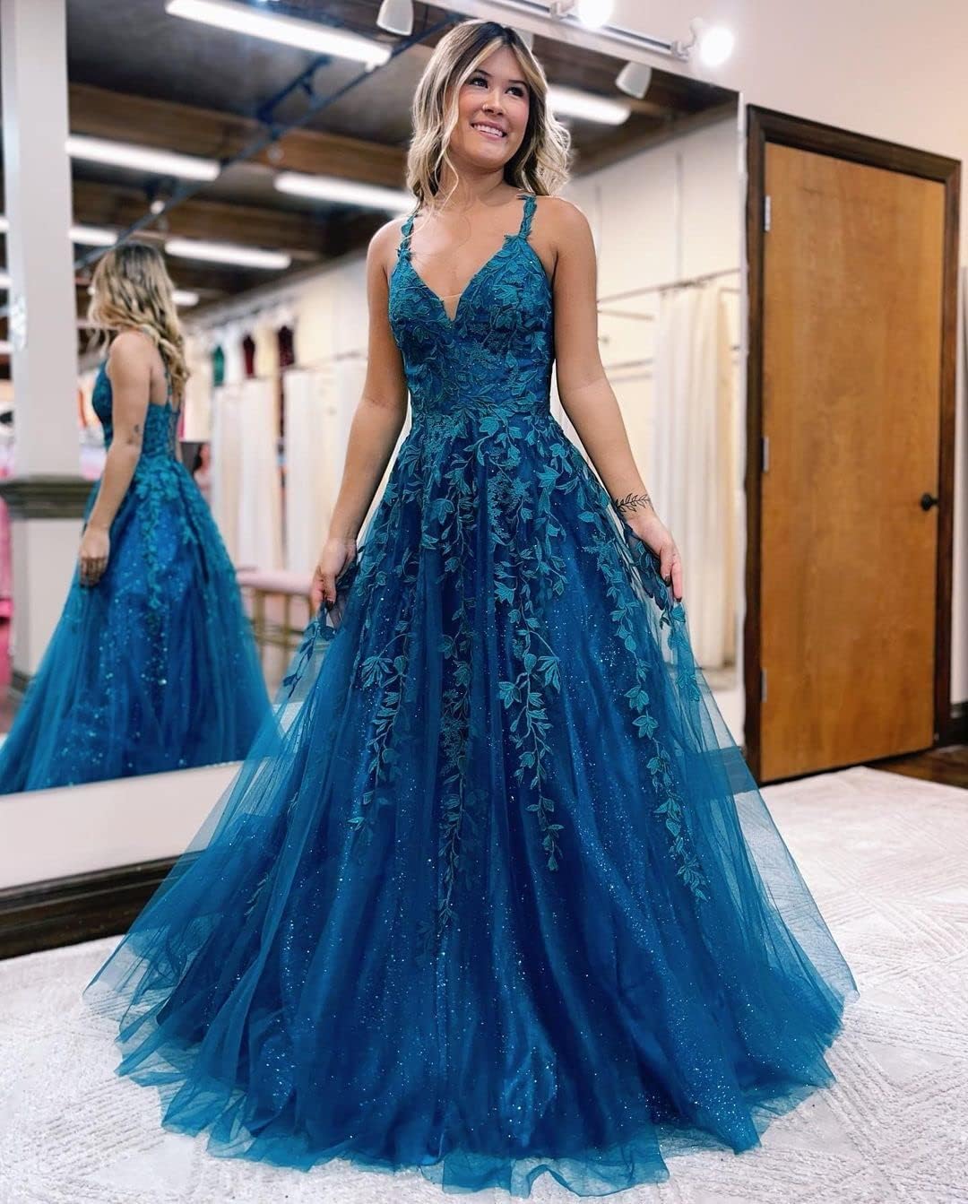 Floral Lace Glitter Tulle Prom Dress Long Ball Gown V Neck Formal Evening Dress Maxi Party Gown - View 2 | VelvetHem