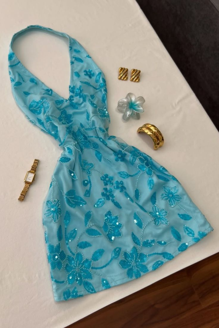 Vintage Blue Floral Mini Dress Outfit Halter Dress