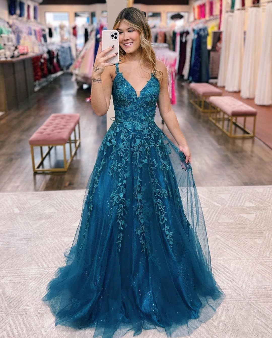 Floral Lace Glitter Tulle Prom Dress Long Ball Gown V Neck Formal Evening Dress Maxi Party Gown - View 4 | VelvetHem