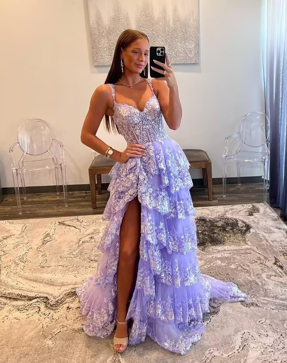 Sparkly Tiered Lace Tulle Prom Dresses Long 2025 Spaghetti Straps Formal Corset Evening Gown with Slit - View 3 | VelvetHem