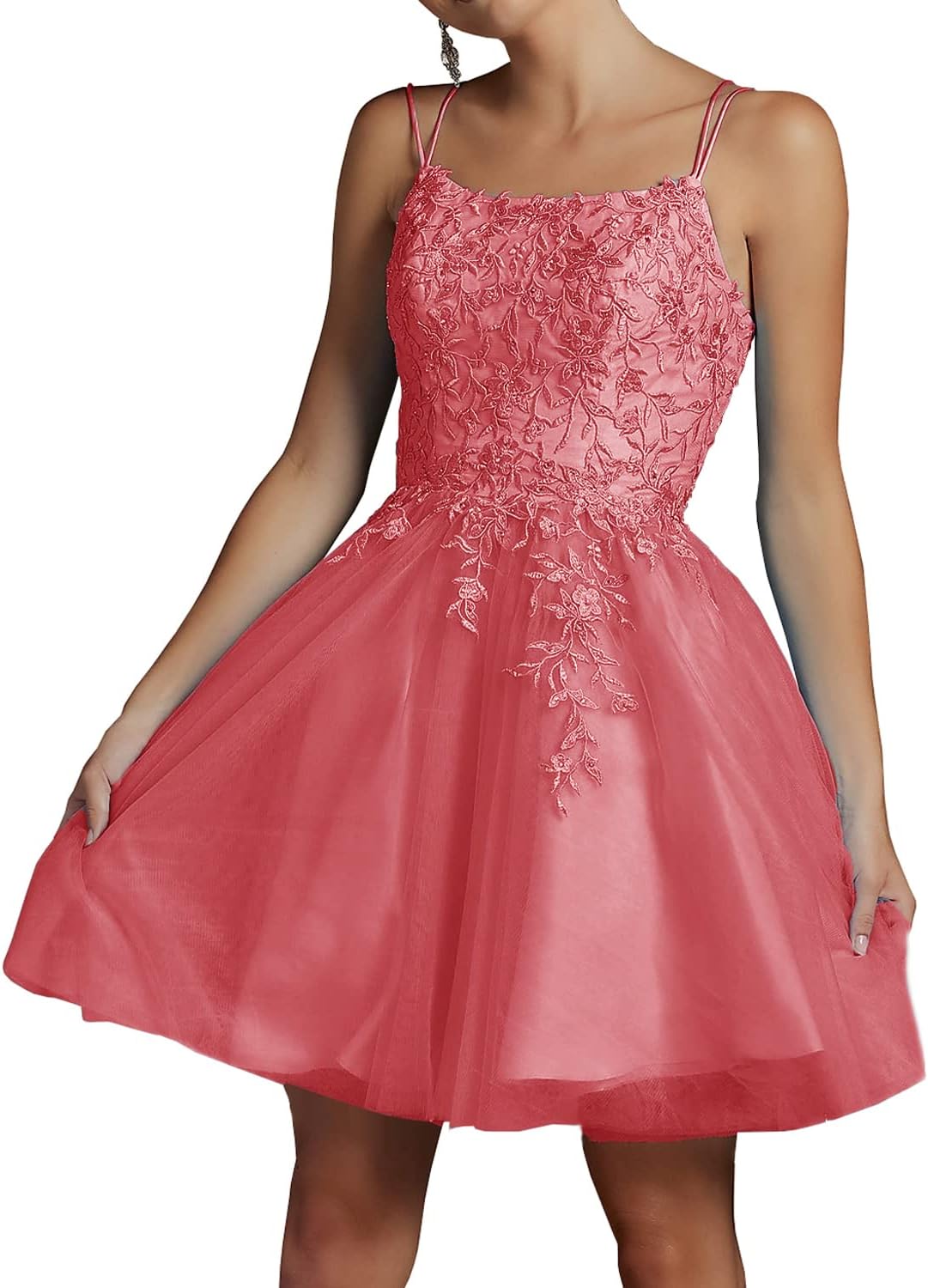 Modest Lace Beaded Tulle Homecoming Dresses Short Square Neck Prom Dress Spaghetti Straps Party Gown - View 13 | VelvetHem