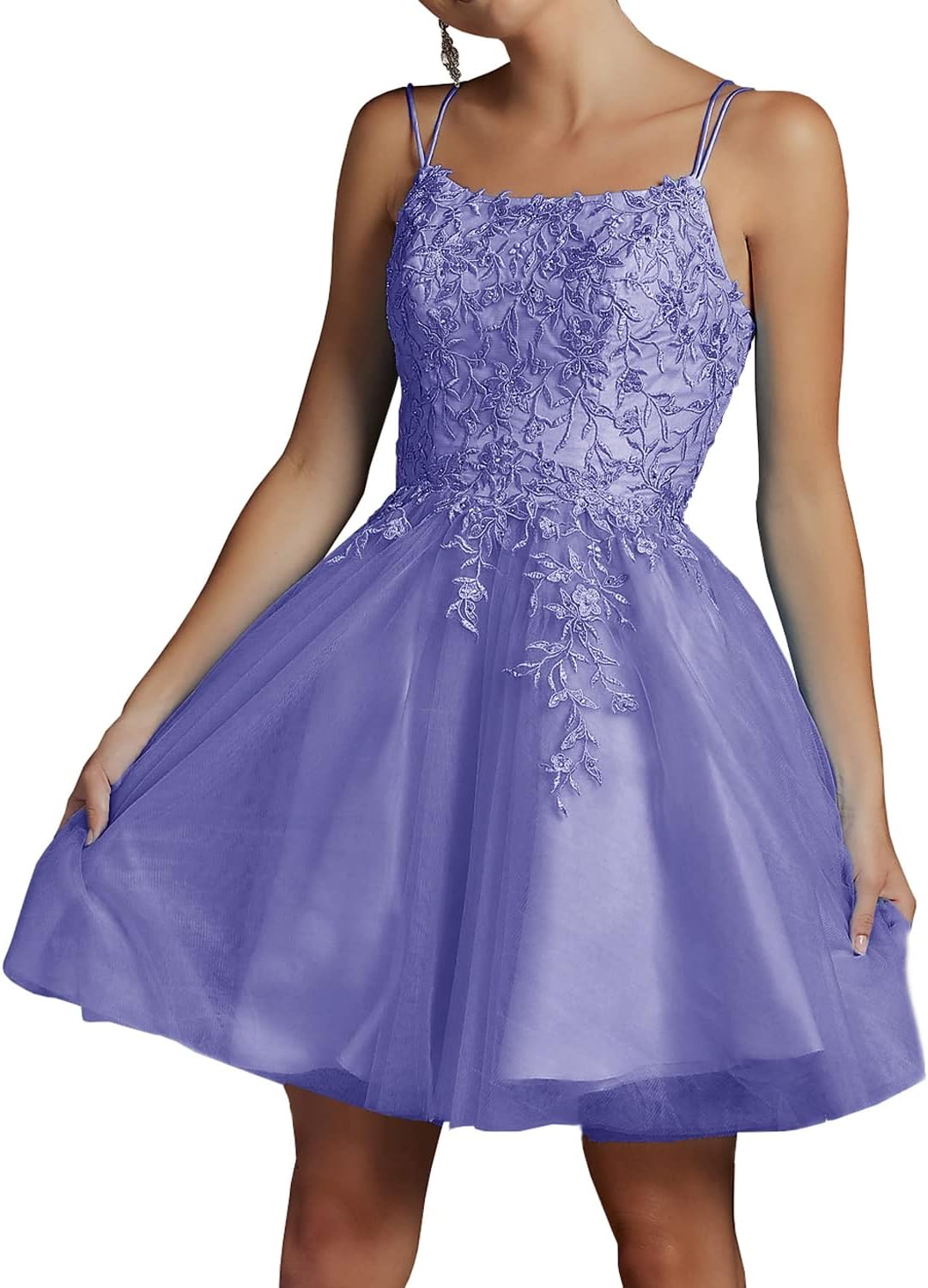 Modest Lace Beaded Tulle Homecoming Dresses Short Square Neck Prom Dress Spaghetti Straps Party Gown