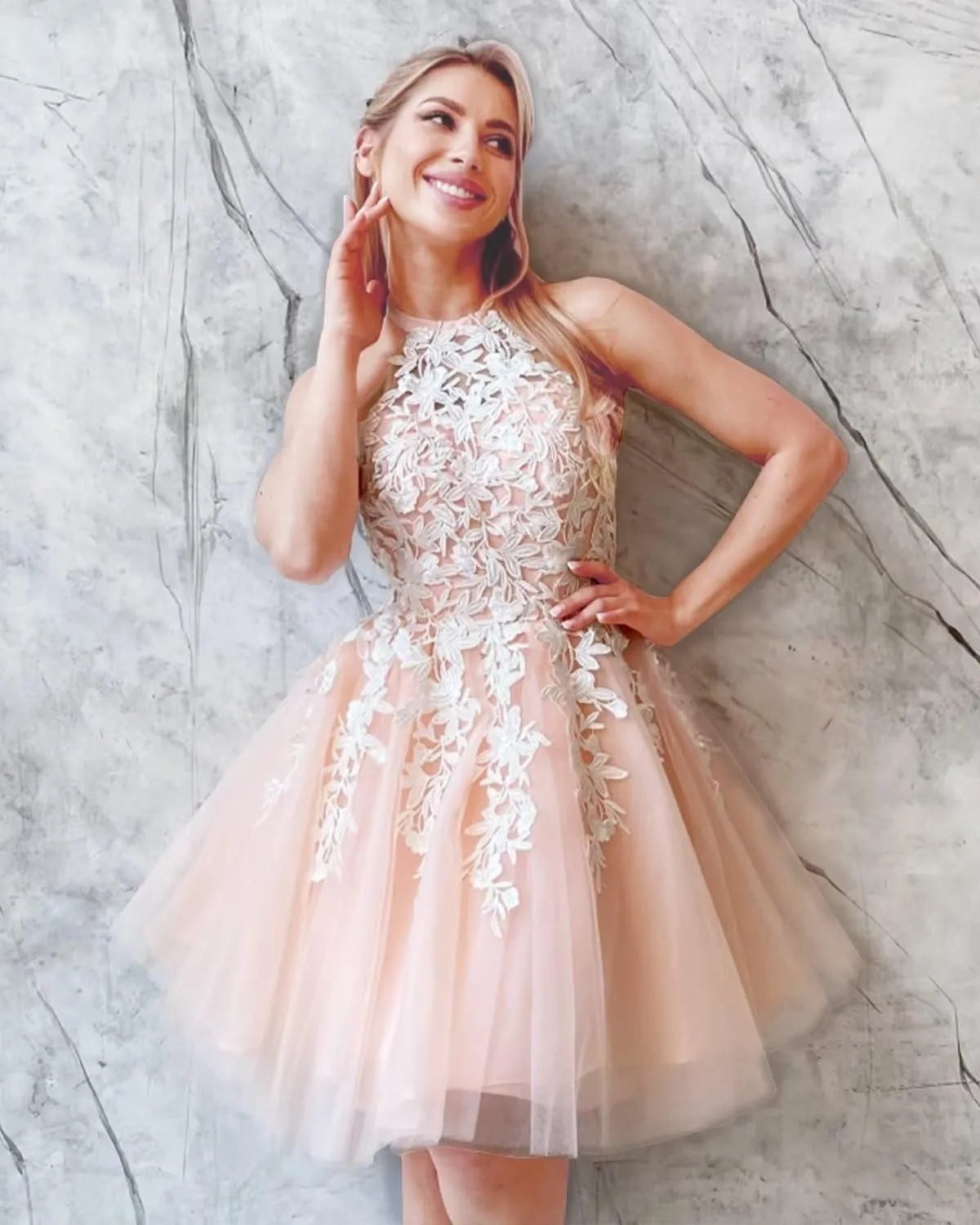 Fairy Pink Prom Dresses Halter Above Knee Appliques Pleat Ruched Homecoming Dresses vestidos de graduación
